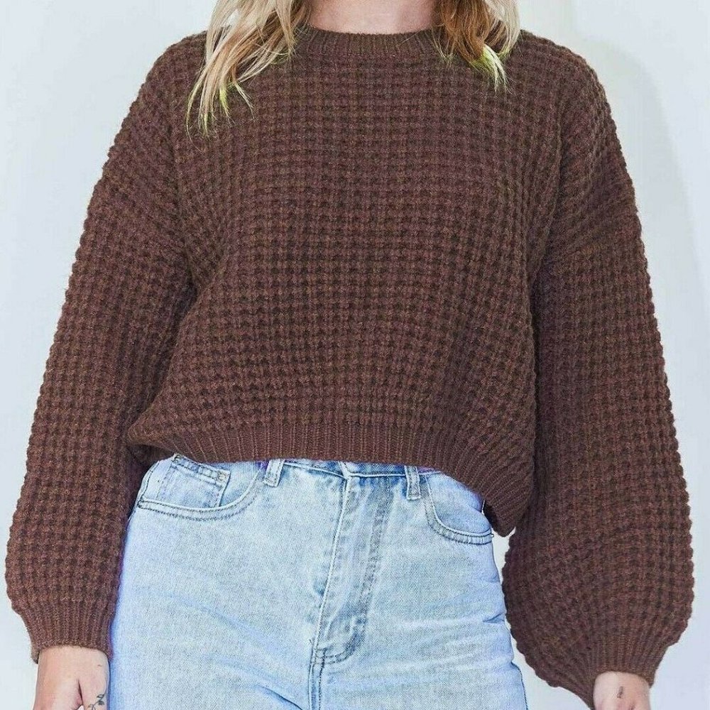 NEW Princess Polly Kobie Balloon Sleeve Jumper Cropped Sweater Size L/XL Brown